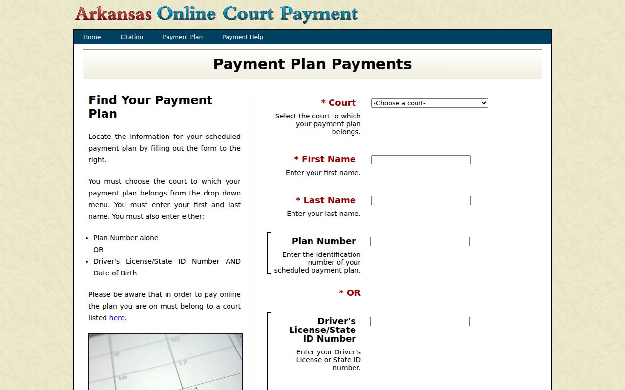 Poinsett County traffic court payment plan query fields